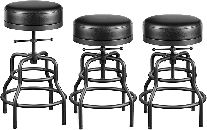 Adjustable Height Swivel Bar Stools Set of 3, 22-29 Inch Industrial Vintage Bar Counter Height Stools with Thicken Premium Bonded Leather Seats & Updated Footrests, Easy Assembly, Black
