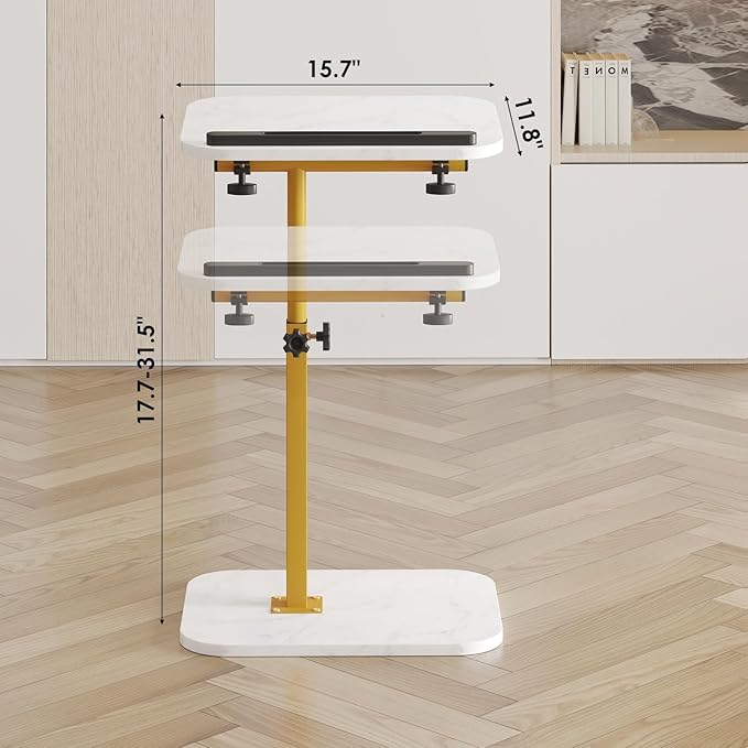 Sofa Couch Arm Table Tv Tray Small Bed Stand C Shaped Side End Tables for Living Room, Bedroom, Marble