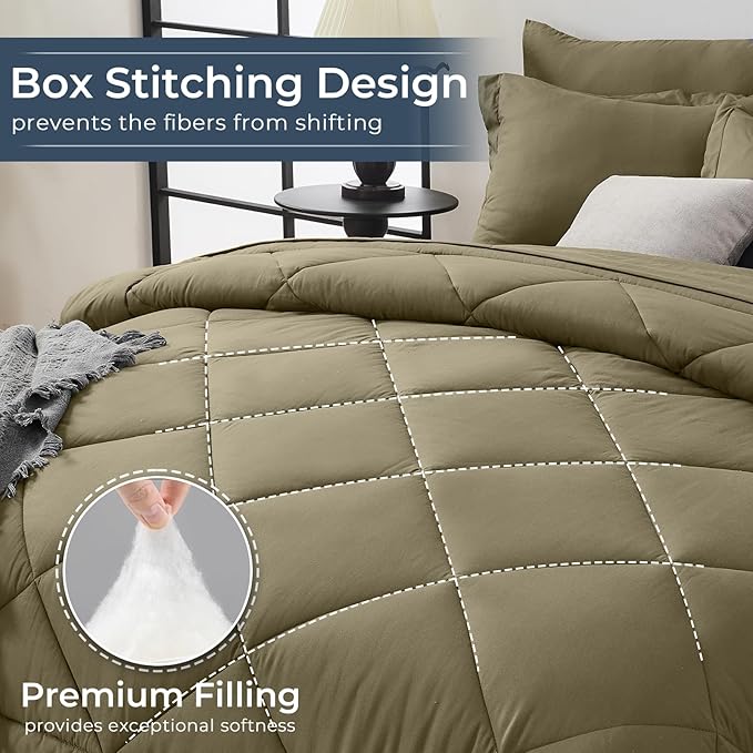 HEVUMYI Olive Green King Comforter Set - 7-Piece All Season Bed in a Bag King, Ultra Soft Bedding Set with Comforter, Flat Sheet, Fitted Sheet, Pillowcases, Pillow Shams, Olive Green