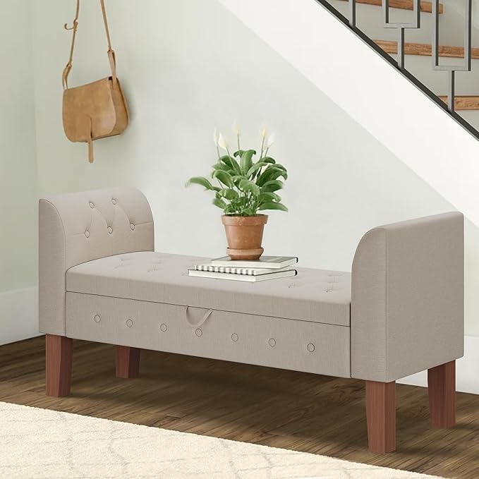 Awonde Upholstered Storage Bench with Arms Ottoman Bench for Bedroom Entryway Living Room Khaki