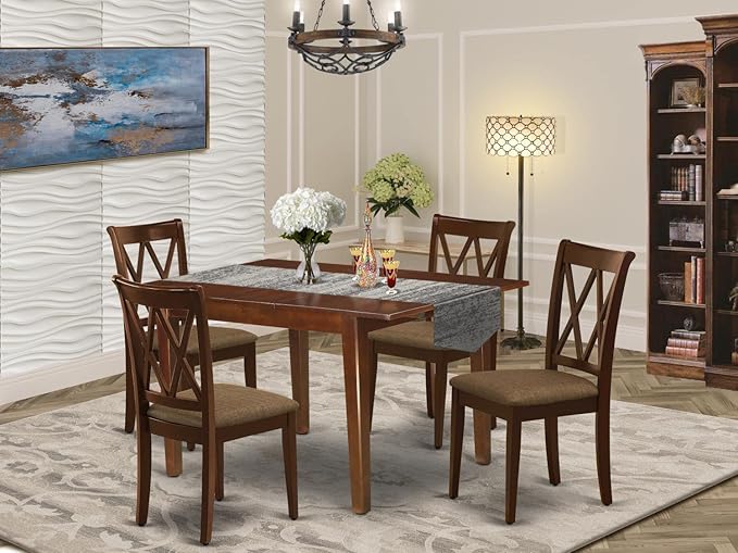 East West Furniture MLCL5-MAH-C 5 Piece Dining Set Includes a Rectangle Dining Room Table with Butterfly Leaf and 4 Linen Fabric Upholstered Kitchen Chairs, 36x54 Inch, Mahogany