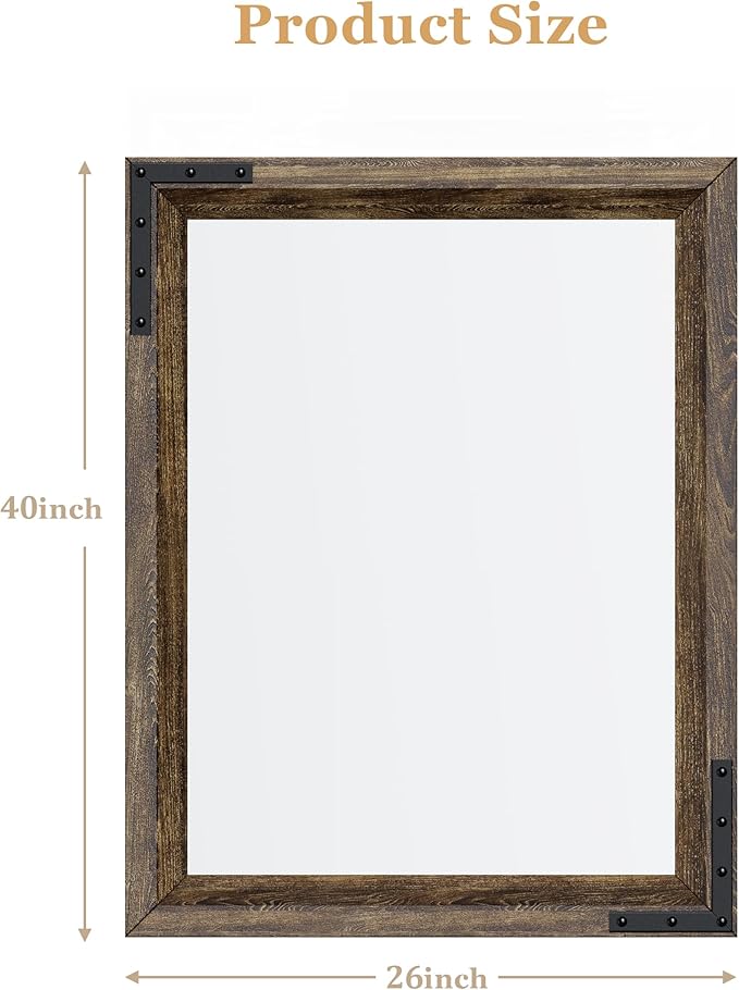 YOSHOOT Farmhouse Bathroom Mirror, Rustic Wooden Framed Mirror, Wood Vanity Mirror, Solid Wood & Handmade, Vertical or Horizontal Hanging for Bathroom Entryway Living Room Bedroom, 40" x 26", Brown