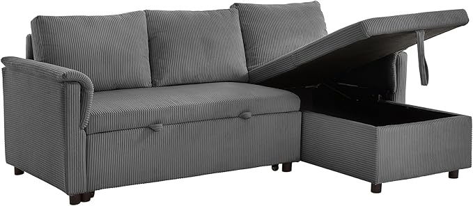 Ball & Cast Reversible Sectional Sofa Couch,L-Shape Sleeper Sofa Bed with Storage Chaise Pull Out Couch for Living Room | Hidden Storage | Pull Out Bed | Removable Backrest | Corduroy Fabric,Gray