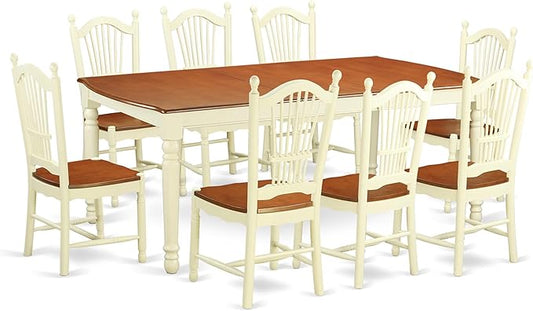 East West Furniture DOVE9-WHI-W 9 Piece Dining Room Table Set Includes a Rectangle Kitchen Table with Butterfly Leaf and 8 Dining Chairs, 42x78 Inch, Buttermilk & Cherry