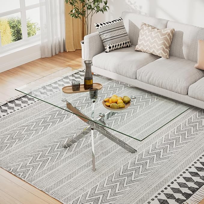 Tempered Glass Coffee Table with Chromed Legs, Rectangle Modern Living Room Table for Home Office Living Room (Sliver, 47.3”x23.6”x18”)