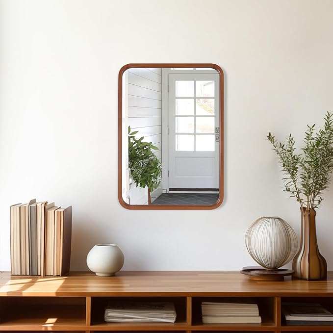 WallBeyond 18x24 Inch Wood Mirror for Bathroom, Wooden Frame Wall Mirror Farmhouse Wall Mounted Rectangle Mirror for Vanity (Horizontal/Vertical Walnut Color)