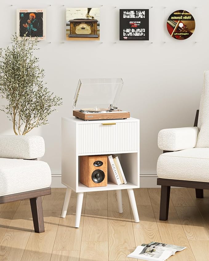 Nightstand, Small Side Table, Bedside Table with Drawer, Modern Night Stand, End Table for Bedroom, Living Room (White Stripe)