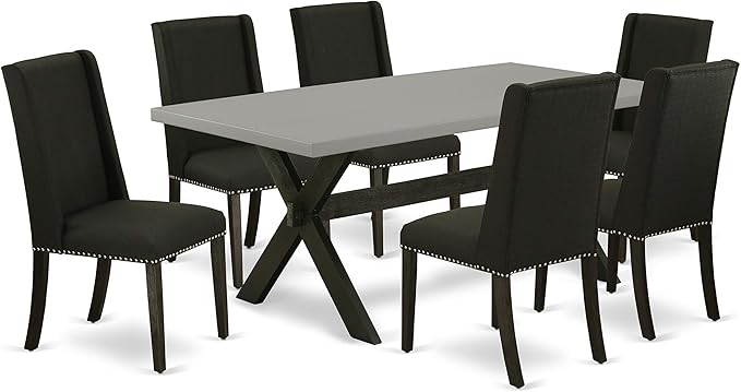 East West Furniture X697FL624-7 7 Piece Dining Room Furniture Set Consist of a Rectangle Dining Table with X-Legs and 6 Black Linen Fabric Parsons Chairs, 40x72 Inch, Multi-Color