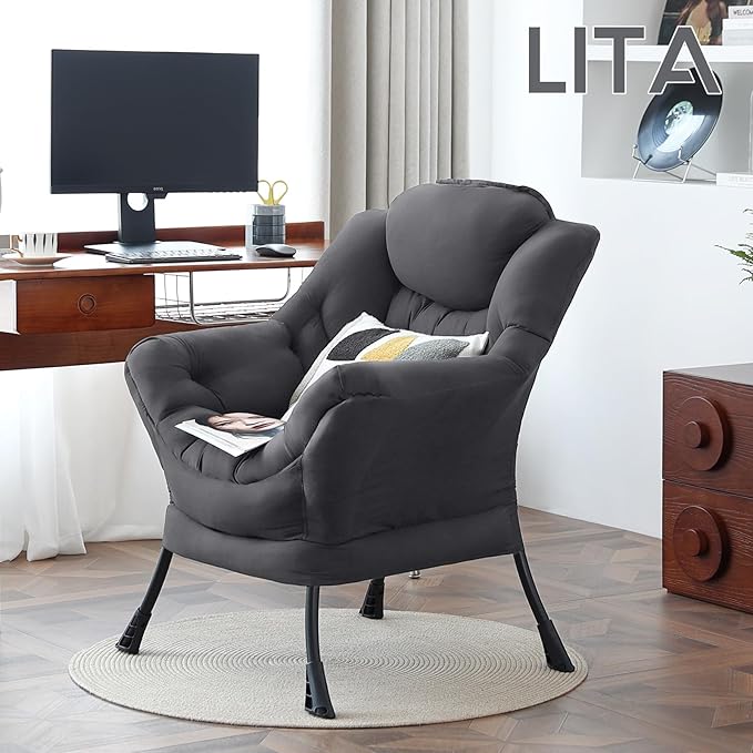 LITA Lazy Chair with Ottoman, Modern Accent Leisure Upholstered Sofa, Contemporary Lounge Reading Chair with Armrests and a Side Pocket for Living Room, Bedroom & Small Space, Single Dark Grey
