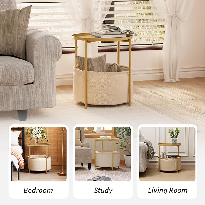 2 Tier Modern Side Table, Round End Table Living Room with Fabric Basket, Small Metal Bedside Nightstand with Removable Tray for Living Room, Bedroom, Office, Gold