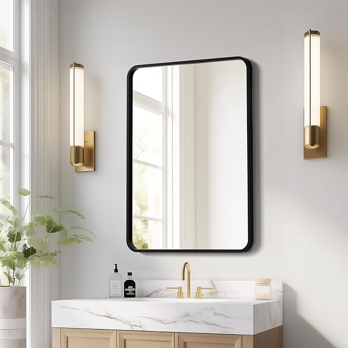 USHOWER Black Bathroom Mirror for Over Sink 22 x 30 Inch, Matte Black Rectangle Mirror for Wall, Rounded Metal Frame Vanity Mirror