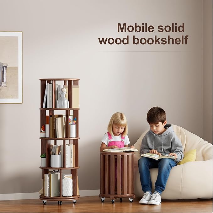 KEIKI Solid Wood 4 Tier Rotating Bookcase, Round Revolving Bookshelf with Lockable Wheels, Space Saving Wide Book Rack for Corner, Office, Bedroom, Walnu