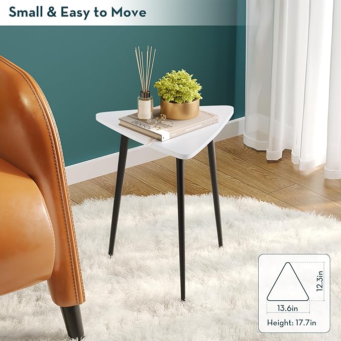 SAYGOER White Side Table Small Triangle End Tables Modern Narrow Sofa Table for Living Room Bedroom Small Space Unique Wooded Bedside Table,Medal Black Frame 13.5" W x 12.3" D x 17.7" H