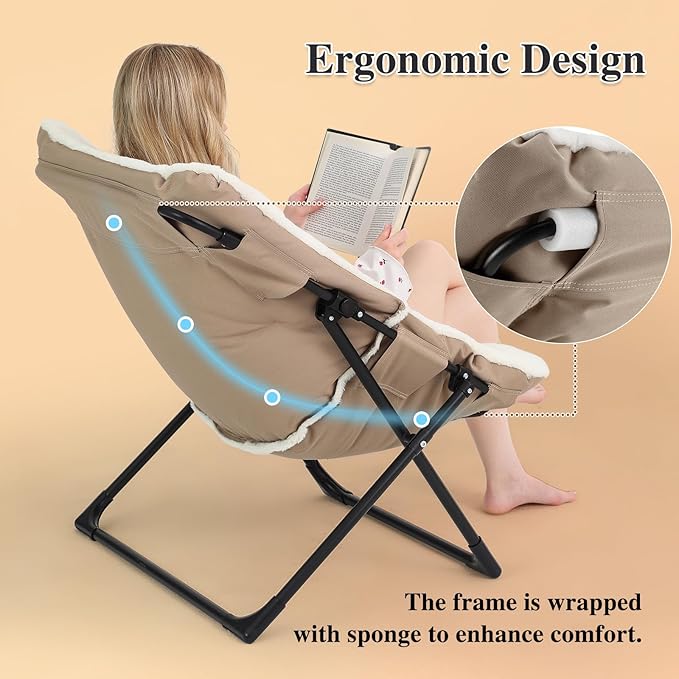 Comfy Saucer Chair for Adults, Soft Faux Fur Bedroom Chair with Ottoman, Accent Dorm Chairs, Living Room Reading Chairs and Footstool, Folding Lounge Seat for Teens, X-Large, White
