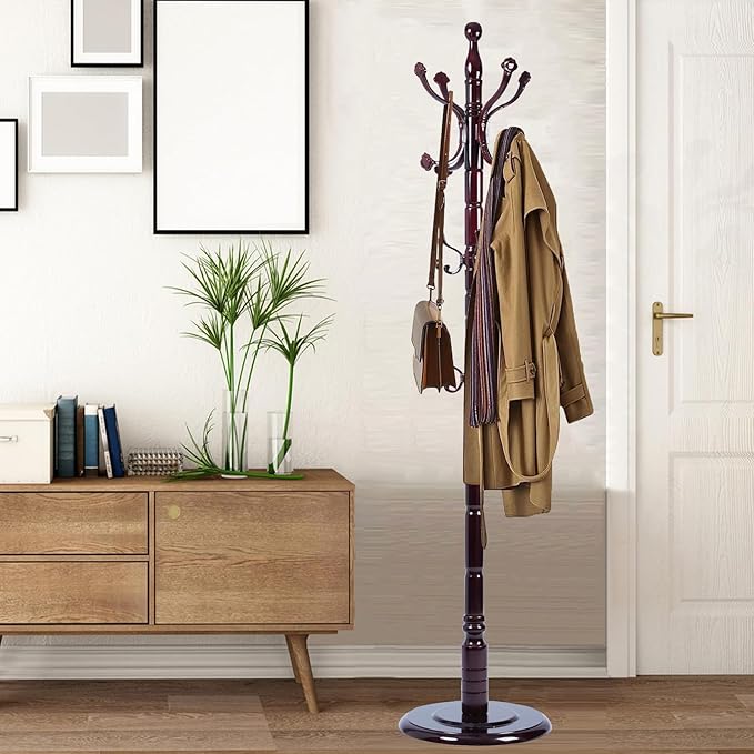 Coat Racks Free Standing with 14 Hooks, Natural Wood Coat Stands for Entryway, Adjustable Height 72 in Tree Coat Rack Stand for Hallway Home Office Bedroom (Mahogany Ruyi)