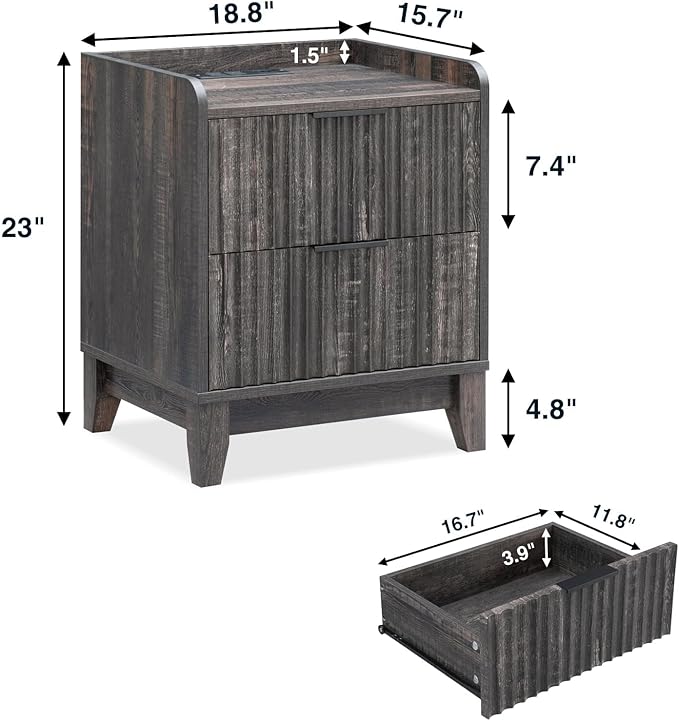 Wnutrees Fluted Nightstand with Charging Station, Modern Bedside Table with 2 Drawers, Farmhouse Wooden End Side Table Living Room, Dark