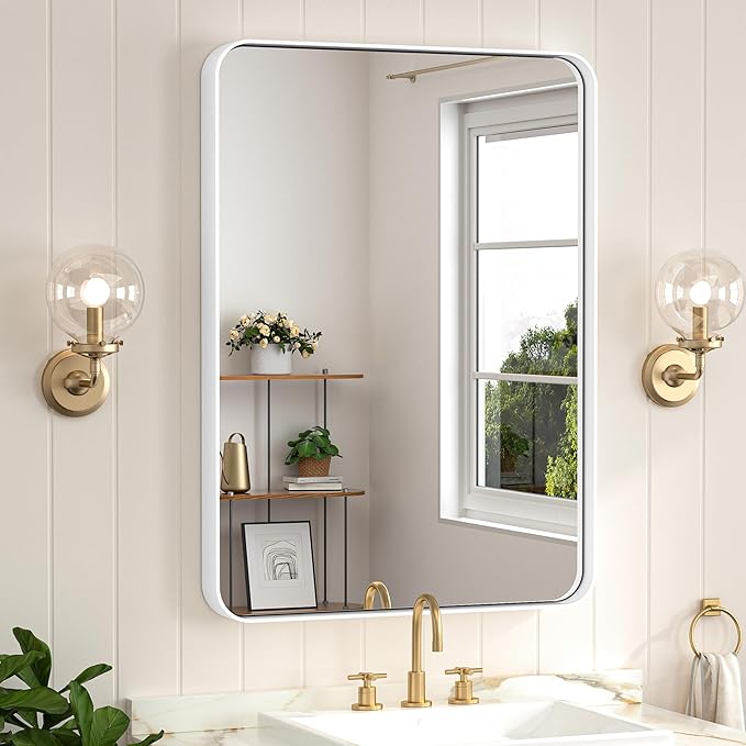 Keonjinn White Bathroom Mirror for Over Sink, 24 x 32 Inch Metal Framed Bathroom Vanity Mirrors for Wall, Rounded Corner Rectangle Farmhouse Mirror, Anti-Rust, HD Tempered Glass(Horizontal/Vertical)