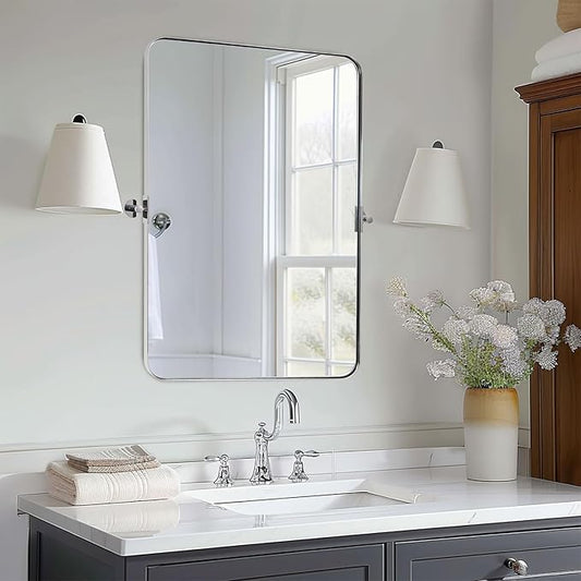 MOON MIRROR Polished Chrome Pivot Mirror for Bathroom, Tilt Bathroom Rounded Rectangle, Overall 28.33 x 32 in (Mirror 24x 32 in)