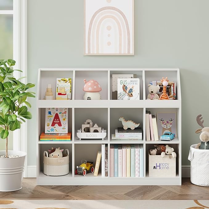 12-Cube Wooden Storage Bookcase - 11-Inch Open Shelf Cabinet, Simple Modern Bookshelf Organizer for Home Office, Living Room, White