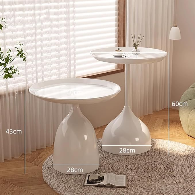 Side Table Set of 2, Small Coffee Round Bedroom End Table, Patio Metal Nesting Tables Pedestal Tables, Bedside Console Table for Living Room (White)