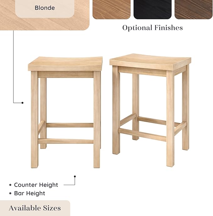 Grain & Grove Smith Collection Set of 2 Solid Wood Counter Height Bar Stools, 24-Inch Saddle Seat Backless Stools, Ideal for Kitchen Island, Dining, or Home Bar Seating, Blonde