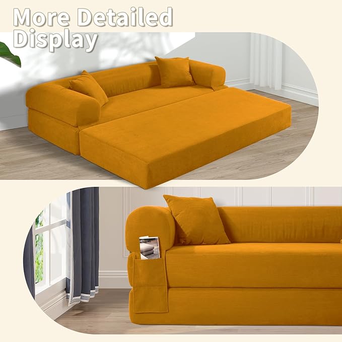 80" Convertible Sofa Bed, Corduroy Deep Seat Folding Pull Out Couch with Pillows, No Assembly Modern Boneless Couch Compression Sofa in Box, Floor Sofa with Storage Pocket for Living Room,Yellow