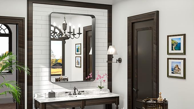 TokeShimi 24 x 36 Inch Black Mirror Wall Mirror for Bathroom Black Metal Frame Decorative Rectangular Wall Mounted Home Decor Corner Hangs (Horizontal/Vertical)