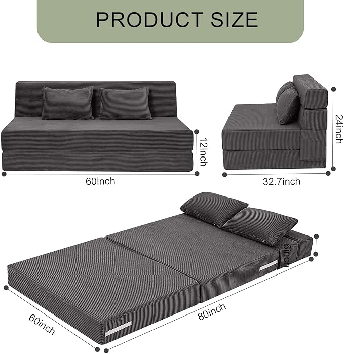 MeMoreCool Boneless Folding Sofa Bed Queen, Corduroy Convertible Sleeper Chair, Foldable Foam Mattress Chair, Comfy Fold‑Out Futon Couch Bed, Large Floor Sofa Couch for Living‑Room Guest