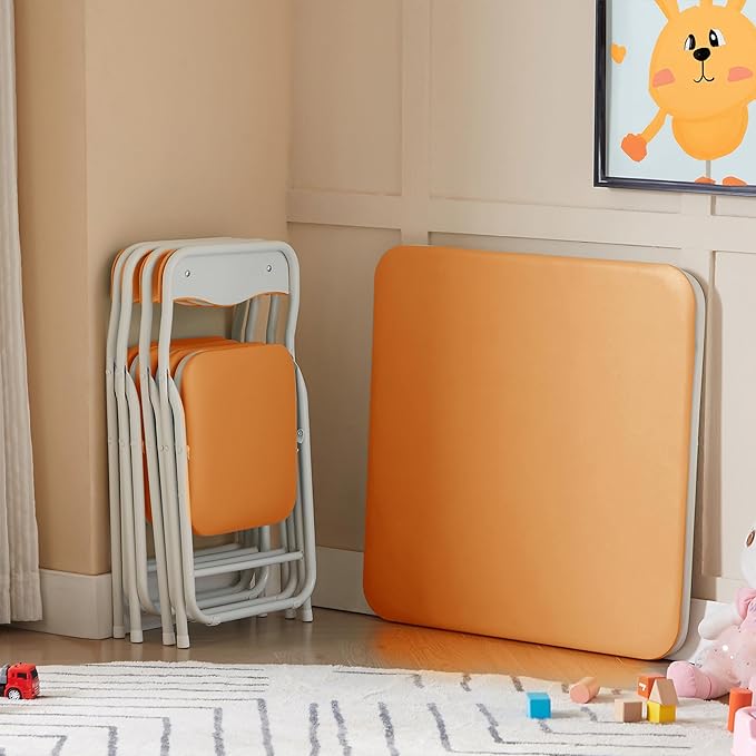 VECELO Kids Folding Activity Table and Chair Set, with Ultra Soft Padded Cushion, 5 Piece, Pale Orange