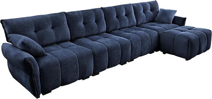 Modern Chenille Fabric 4-Seat Sofa w/Ottoman+2 Pillows, Premium Upholstery Living Room Couch with Tufted Backrest & Comfortable Armrests and High-Resilience Memory Foam Cushions,Blue