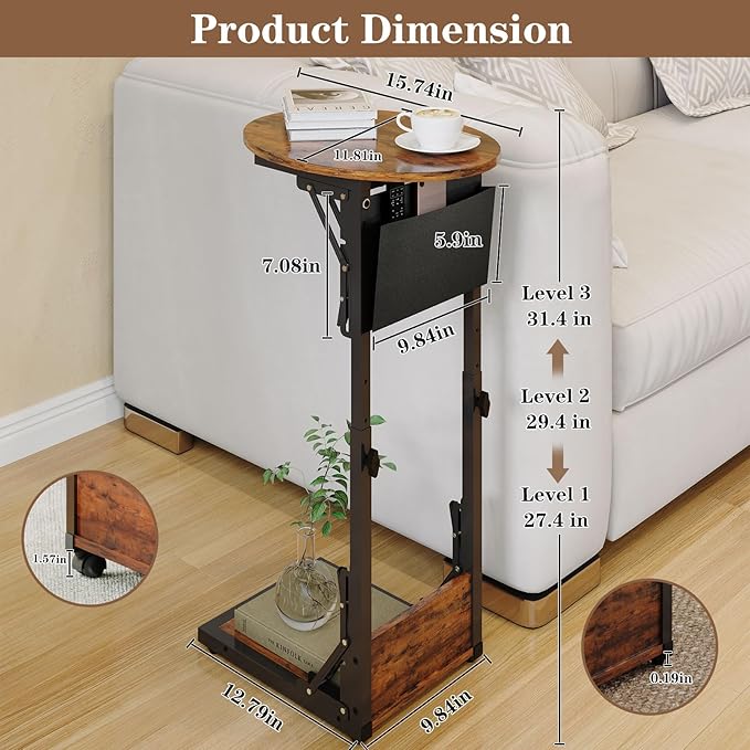 Folding C Shaped End Table, Small Side Table with Storage Bag for Sofa, Couch Table with Wheels, TV Tray Table for Living Room, Bedroom, Rustic Brown