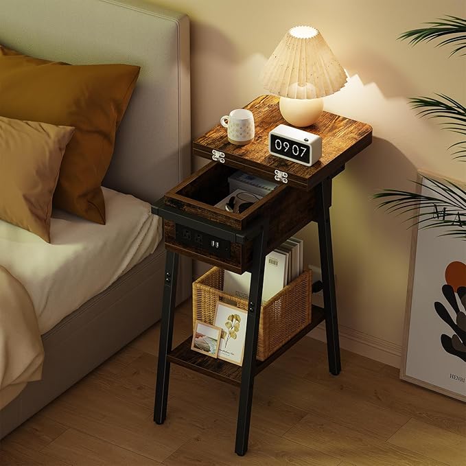 End Table with Charging Station, Flip Top Side Table with USB Ports and Outlets, Bedside Tables for Small Spaces,Nightstand with Storage Shelf for Living Room, Bedroom, Rustic Brown