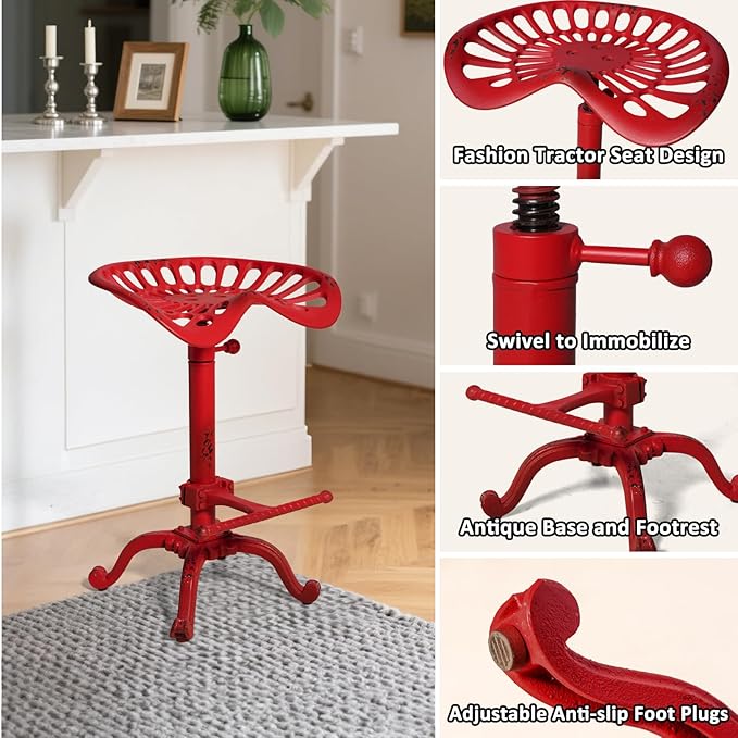 LOKKHAN Rustic Industrial Bar Stool - Cast Iron Tractor Seat - Adjustable Counter Height Swivel Breakfast Bar - Farmhouse Metal - 19.7-26.8 Inch Seat Height