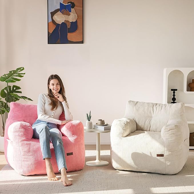 MAXYOYO Bean Bag Chair, Tufted Bean Bag Couch Lazy Chair, Living Room Sofa Couch with Filler for Adult Teens Kids, Corded Fabric Accent Sofa for Bedroom Dorm, Pink