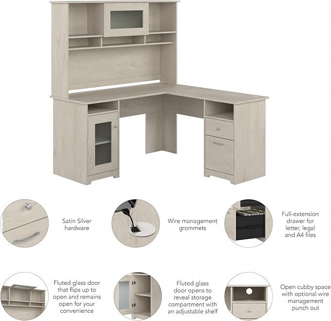 Bush Furniture Cabot L Shaped Desk with Hutch | Corner Desk with Storage for Home Office in Linen White Oak | 60W L Shaped Computer Desk