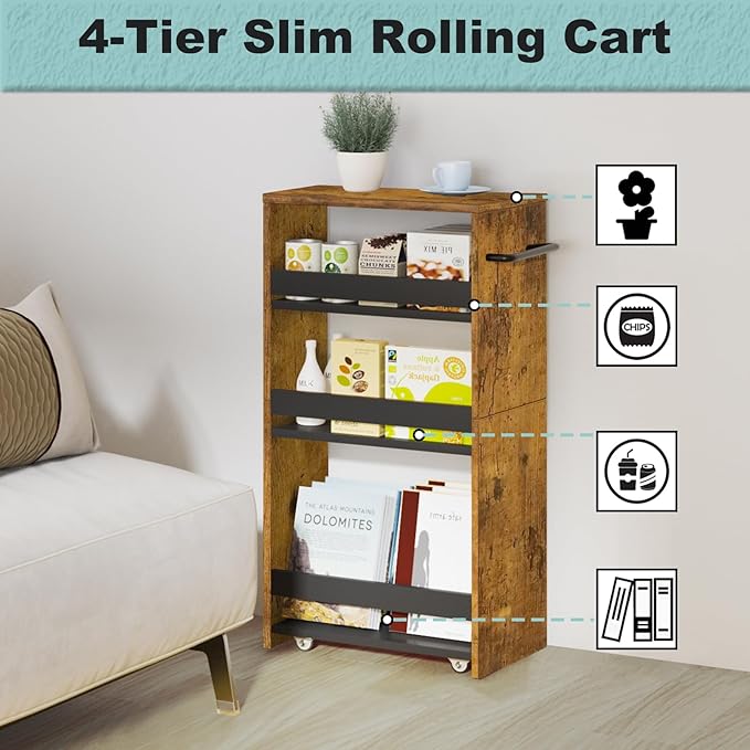 MARTY Rolling Storage Cart 7.9" W, 4-Tier Narrow Kitchen Cart with Wheels Handle, Slim Storage Mobile Shelving Utility Carts for Bathroom Laundry Room Organization Small Spaces(Rustic Brown)