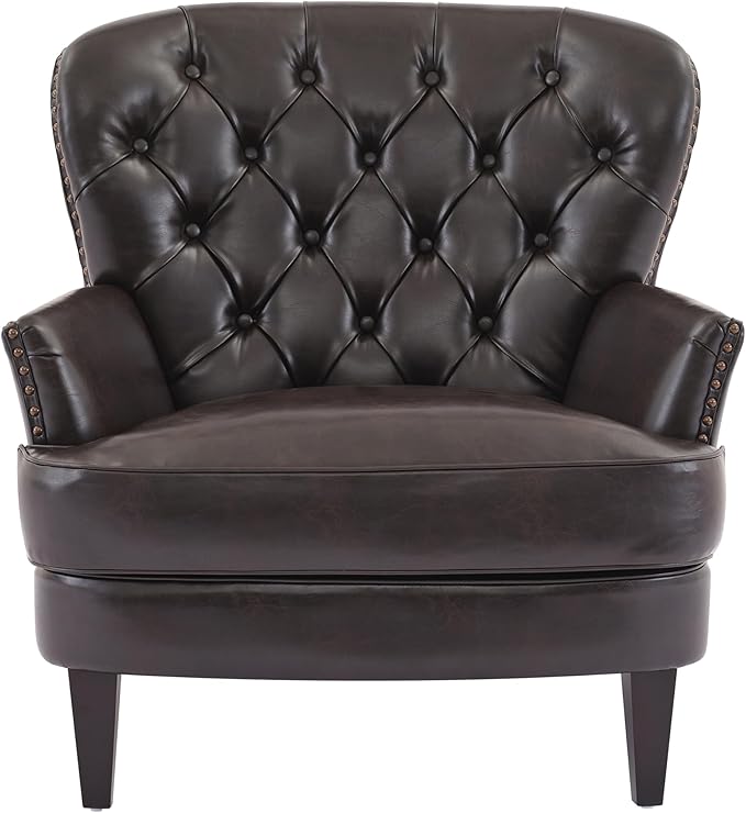 Ball & Cast Accent Chair,Mid-Century Lounge Living Room Chairs with Button Tufting,Upholstered Reading Accent Chair W/Solid Wood Legs and Curved Backrest,for Bedroom,Apartment,Dark Brown