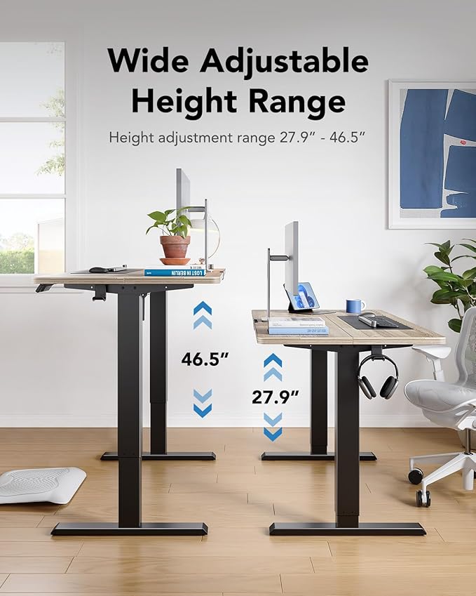 HUANUO 55" x 28" Electric Standing Desk Adjustable Height, 4 Memory Height Settings, Headphone Hook, Cable Manager, Sit Stand Up Desk for Home Office & Computer Workstation, Wooden Block