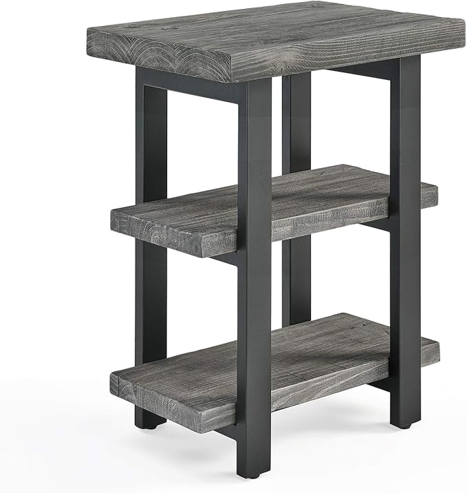 Alaterre Furniture Pomona 3-Tier Industrial End Table with Solid Pine Wood and Metal Legs – 20-Inch Side Table with 2 Lower Shelves, Rustic Modern Accent Table for Living Room or Bedroom (Slate Gray)
