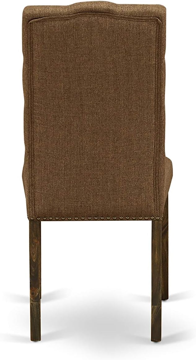 East West Furniture F3EL5-718 5 Piece Modern Dining Table Set Includes a Round Wooden Table with Pedestal and 4 Brown Linen Linen Fabric Parsons Dining Chairs, 48x48 Inch, Distressed Jacobean
