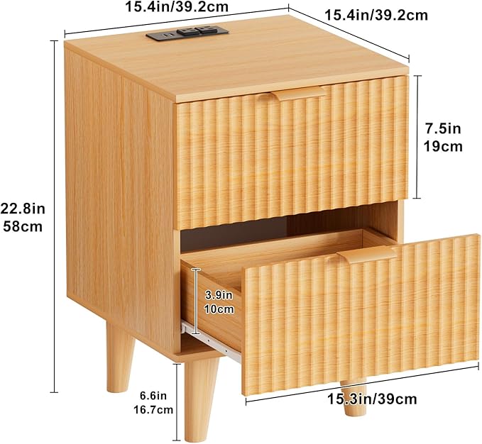 Urban Deco Nightstand Set of 2, Mid Century Modern Nightstand with Charging Station, Wooden End Table with 2 Fluted Drawers & Storage, Bedside Table with Solid Wood Legs for Bedroom (Natural)