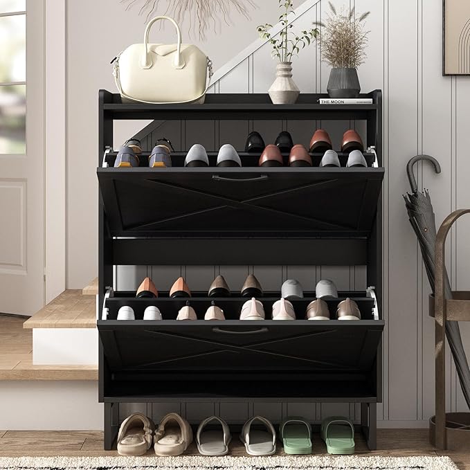 Maupvit Shoe Storage Cabinet with 2 Flip Drawers, Freestanding Organizer with Metal Legs for Entryway, Narrow Shoe Rack Cabinet, Black