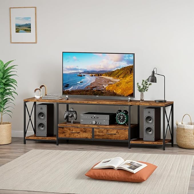 LED TV Stand for 75 70 Inch TV with Fabric Drawers LED Entertainment Center Television Stands with Storage Shelves for Living Room, Bedroom, TV Console Table 63" Rustic Brown