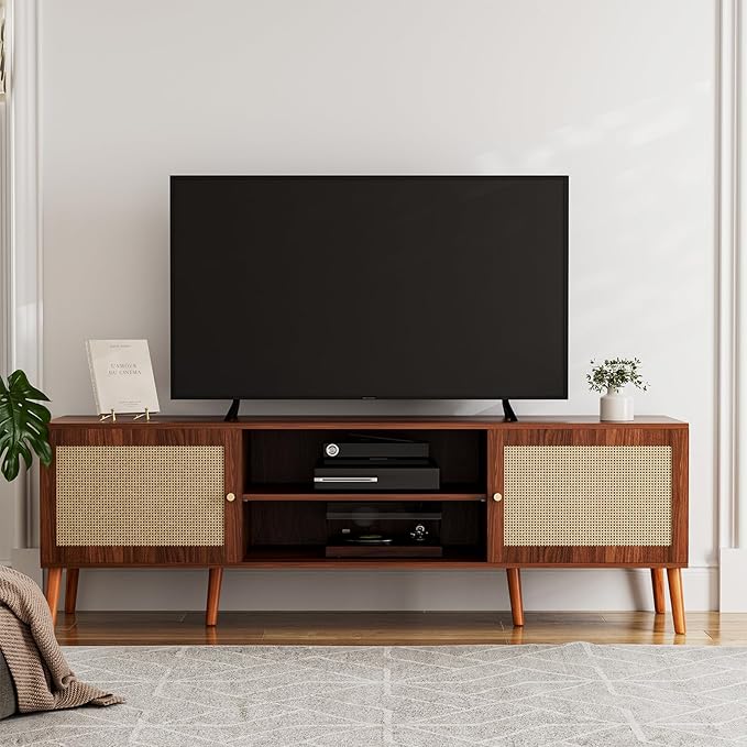 TV Stand for TVs up to 65'', Entertainment Center With Rattan Door, Shelves & 2 Cabinets, Long Boho Media Console for Living Room, Walnut
