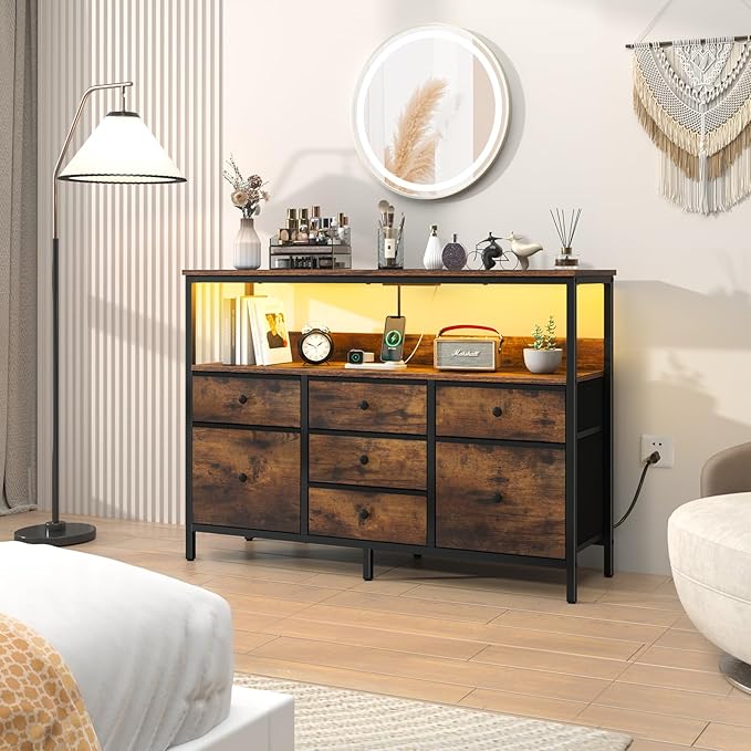 Yoobure LED TV Stand for Bedroom, 50 Inch Kids Dresser With Power Outlets, 7 Drawers Entertainment Center With Storage Shelf, Living Room Console