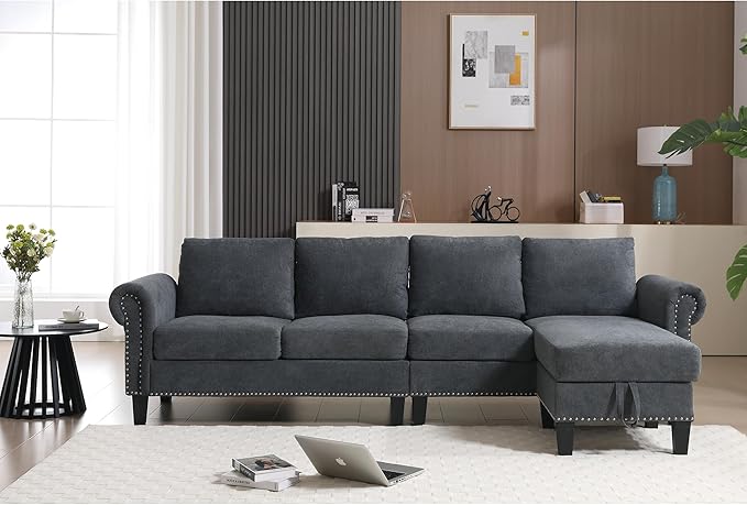 Ball & Cast 106" Convertible Sectional Sofa with Storage Chaise, Linen Upholstered 4 Seater Couch with Back Cushions and Removable Ottoman for Living Room, Apartment, Office,Gray