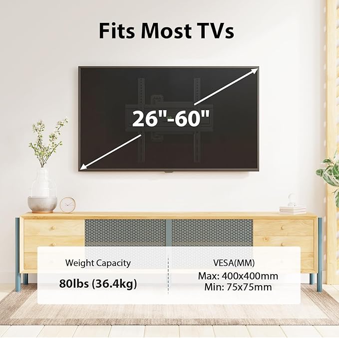 USX MOUNT Corner TV Wall Mount for 26-60 Inch TVs up to 80 lbs, Single Articulating Arm, Full Motion TV Wall Mount Bracket with Swivel and Tilt, Max VESA 400x400mm