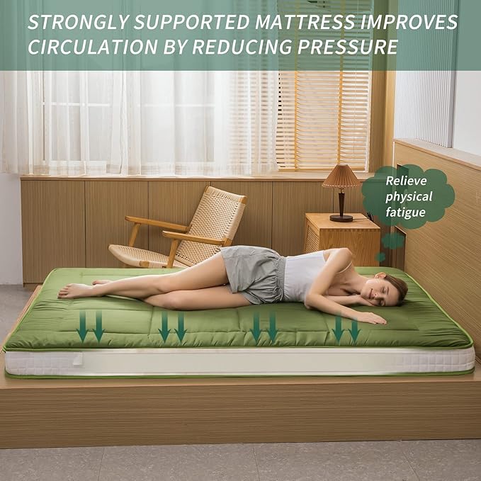 MAXYOYO Futon Mattress, Padded Japanese Floor Mattress Quilted Bed Mattress Topper, Extra Thick Folding Sleeping Pad Breathable Floor Lounger Guest Bed for Camping Couch, Green, Queen