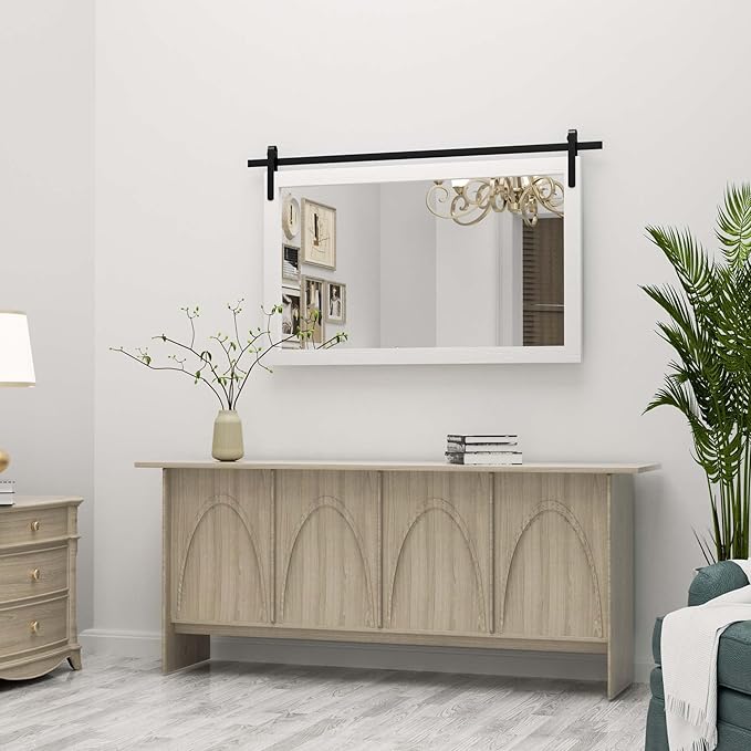 PAIHOME Large White Bathroom Mirror, Farmhouse Horizontal Rustic Square Mirror for Wall Wood Framed Vanity Mirrors, Barn Door Style Decor Living Room Entryway Bedroom Mirrors, 40x26INCH