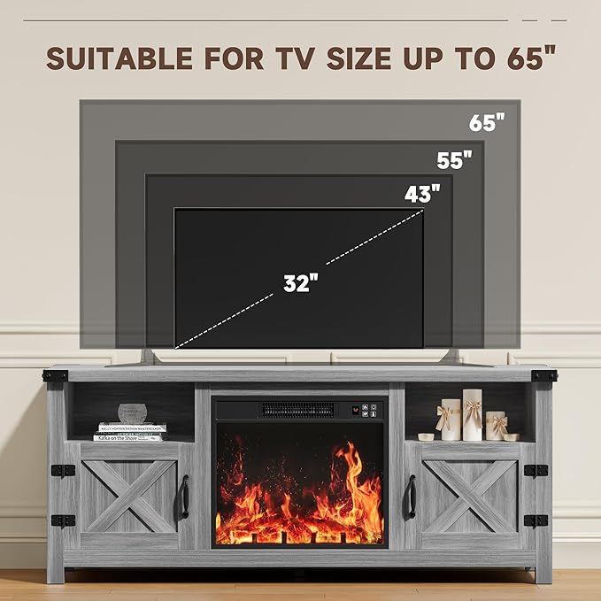 YESHOMY Fireplace TV Stand with Barn Doors and Open Display Shelf, Farmhouse Media Console with Hidden Cable Routing, Entertainment Center for Televisions up to 65+ Inch, Gray Wash